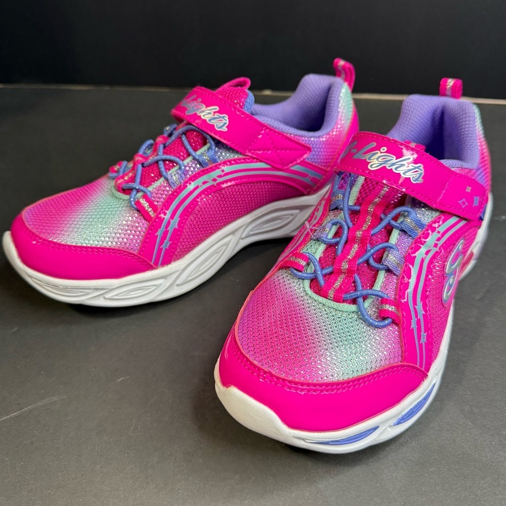 Skechers S-Lights Kids' Vibrant Pink and Purple light up Sneakers - Picture 3 of 8